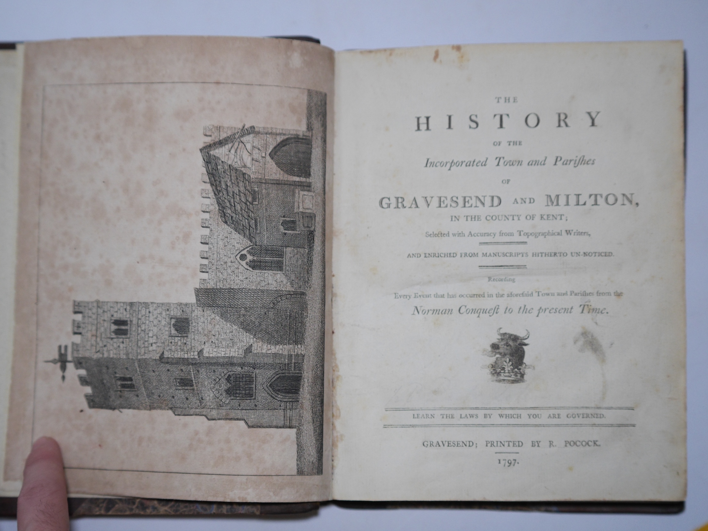 [Pocock, Robert] - The History of the Incorporated Town and Parishes of Gravesend and Milton ... enriched from manuscripts hitherto un-noticed ... 5 plates and a text engraving; sometime rebound half calf and marbled boa